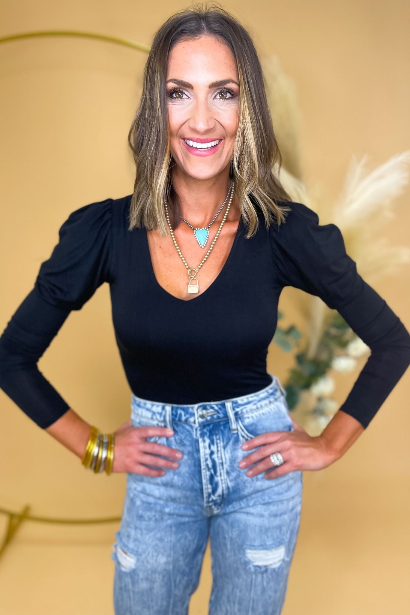 Load image into Gallery viewer, black puff shoulder knit top, acid wash boyfriend jeans, date night outfits, affordable style, shop style your senses by mallory fitzsimmons
