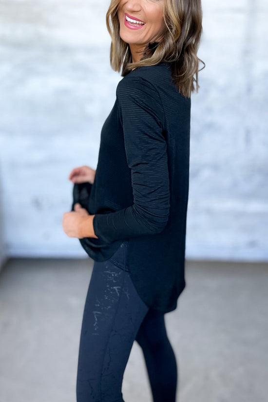 black ribbed long sleeve top with side slits, September athleisure collection, gym style, fitness fashion, shop style your senses by mallory fitzsimmons