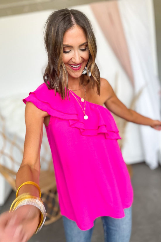 Load image into Gallery viewer, hot pink solid ruffled one shoulder top, pretty in pink collection, bright colors, date night outfits, shop style your senses by mallory fitzsimmons
