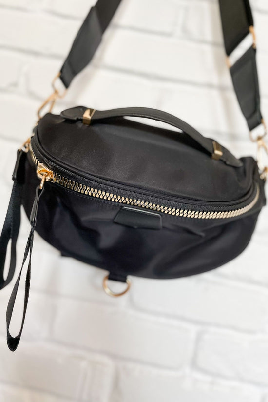 Load image into Gallery viewer, black nylon fanny pack, October athleisure collection, gym fashion, shop style your senses by mallory fitzsimmons
