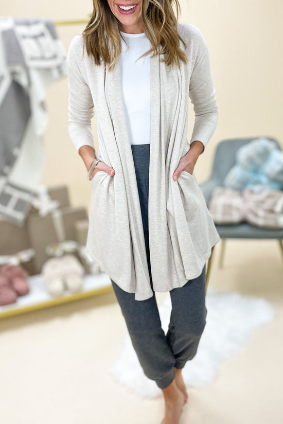 oatmeal open front long cardigan, cozy collection, comfy style, stylish loungewear, shop style your senses by mallory fitzsimmons
