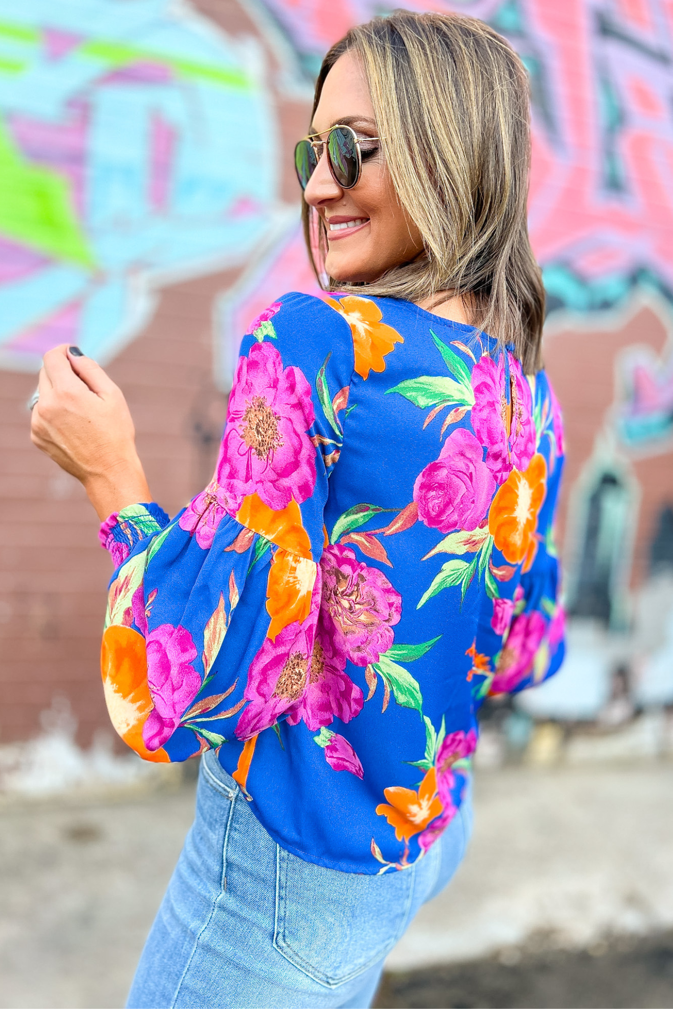 Load image into Gallery viewer, Blue Floral Smocked Cuff Drop Long Sleeve Top, floral top, long sleeve top, bubble sleeves, blue, Shop Style Your Senses By Mallory Fitzsimmons

