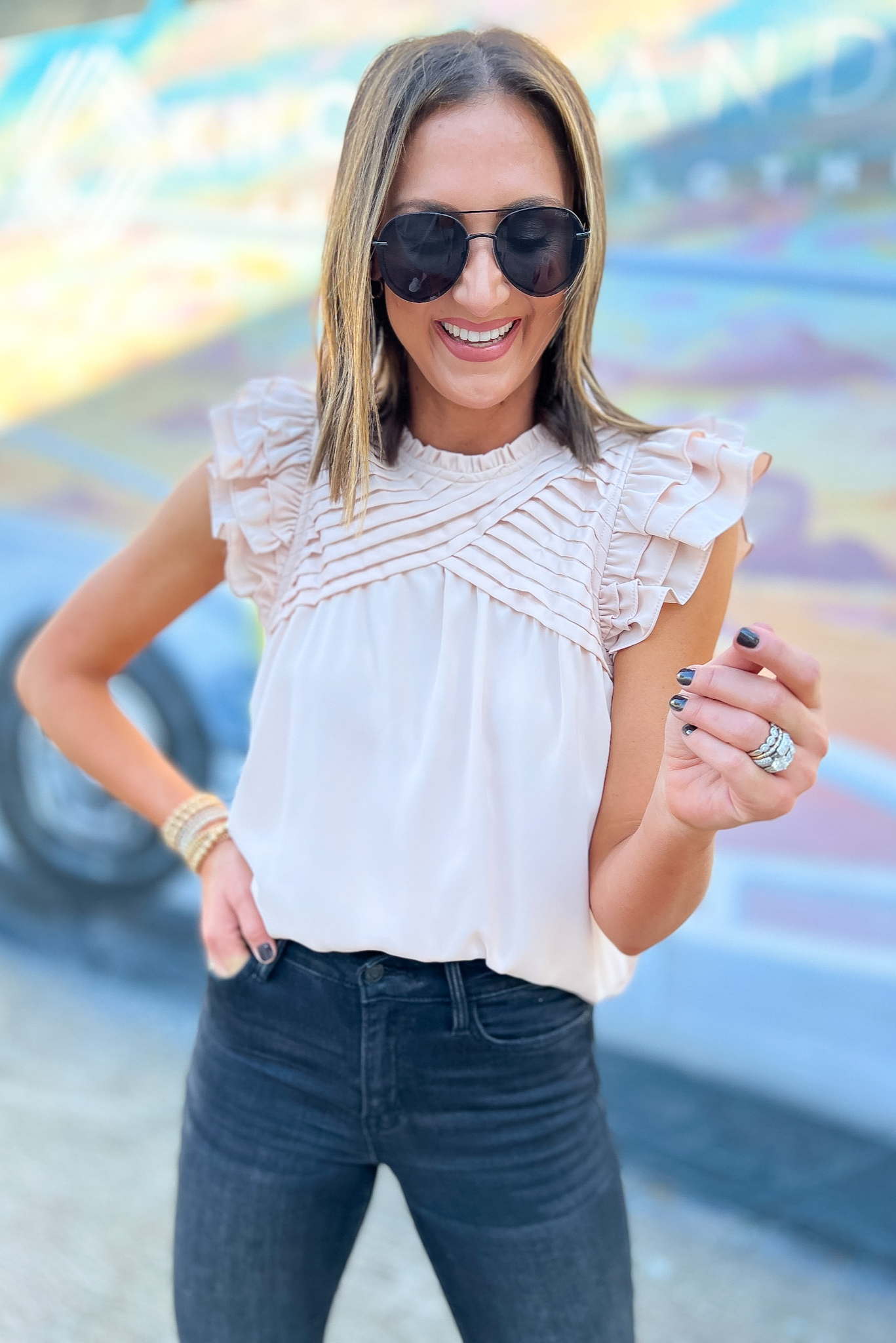 Off White Cross Pleat Ruffle Sleeve Top, off white top, cross pleat, pleated top, ruffle sleeves, Shop Style Your Senses By Mallory Fitzsimmons