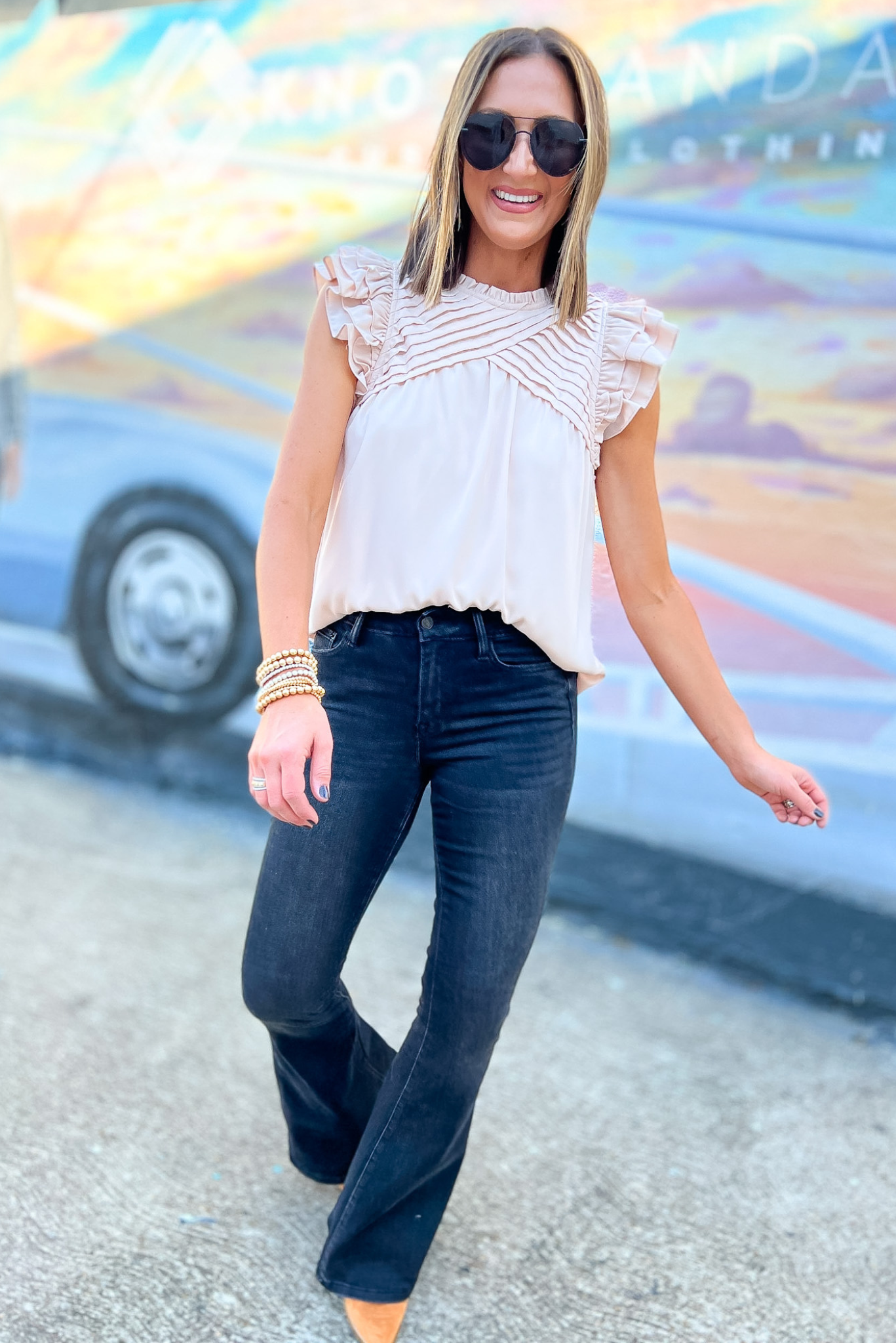 Off White Cross Pleat Ruffle Sleeve Top, off white top, cross pleat, pleated top, ruffle sleeves, Shop Style Your Senses By Mallory Fitzsimmons