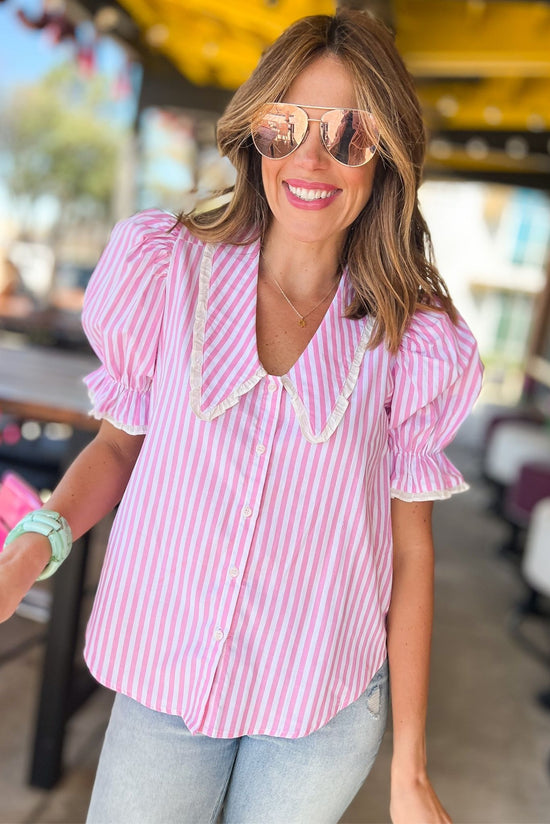 Pink Striped Peter Pan Collar Puff Sleeve Top, peter pan collar, light pink, stripe, puff sleeve, collar top, mom style, shop style your sense by mallory fitzsimmons
