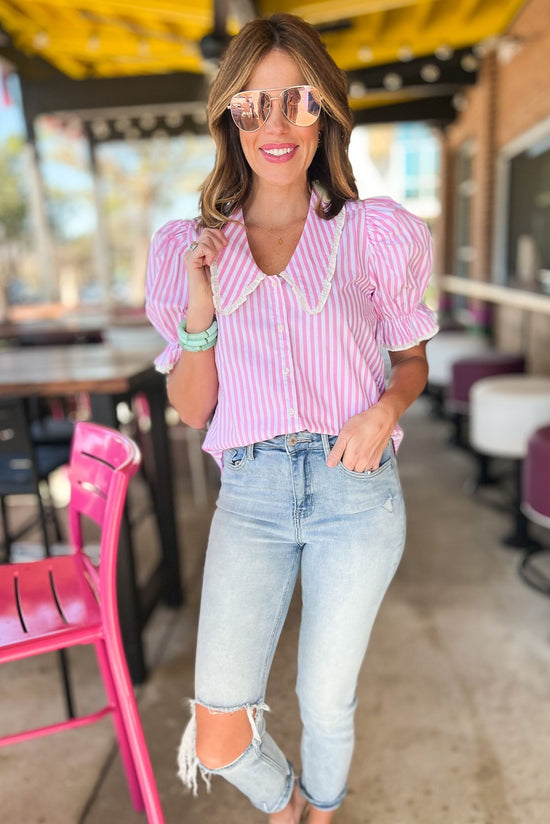 Pink Striped Peter Pan Collar Puff Sleeve Top, peter pan collar, light pink, stripe, puff sleeve, collar top, mom style, shop style your sense by mallory fitzsimmons