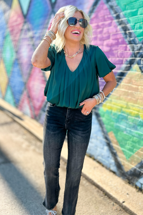 Hunter Green Satin V Neck Pleated Bubble Top, satin top, v neck top, pleated top, bubble top, bubble sleeve, Shop Style Your Senses By Mallory Fitzsimmons