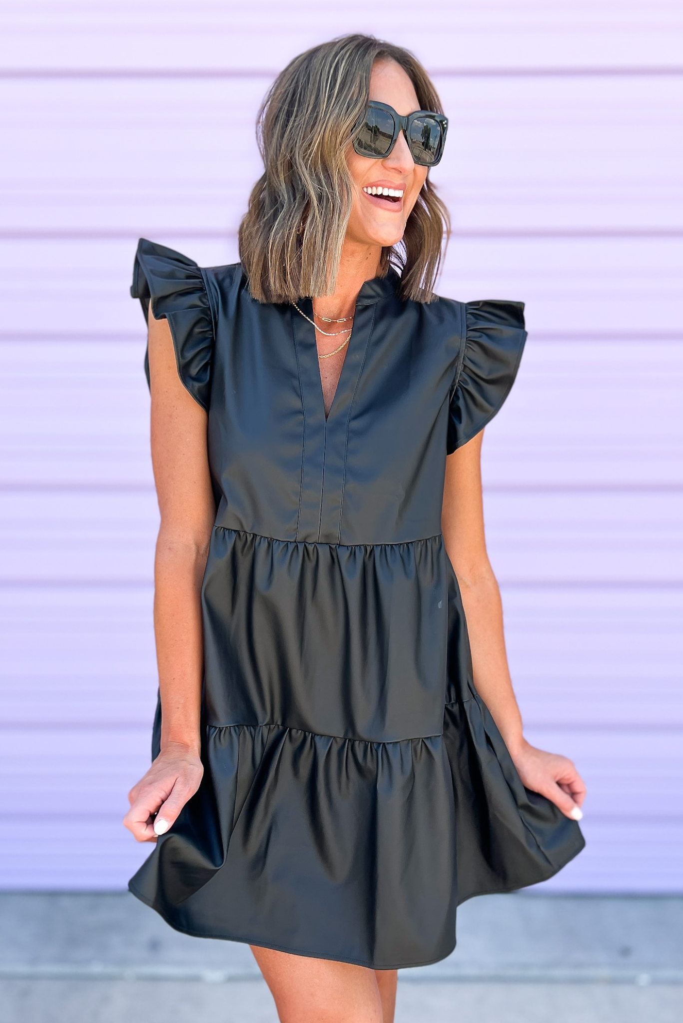 Load image into Gallery viewer, Black Faux Leather V Neck Ruffle Sleeve Tiered Dress, faux leather dress, ruffle sleeves, tiered dress, black dress, Shop Style Your Senses By Mallory Fitzsimmons
