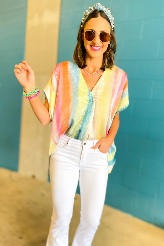 Load image into Gallery viewer, Multi Watercolor Striped V Neck Boxy Top, watercolor top, summer top, spring colors, mom style, shop style your senses by mallory fitzsimmons
