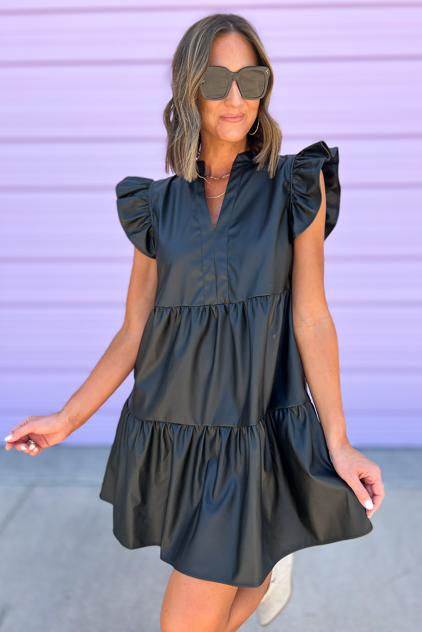 Load image into Gallery viewer, Black Faux Leather V Neck Ruffle Sleeve Tiered Dress, faux leather dress, ruffle sleeves, tiered dress, black dress, Shop Style Your Senses By Mallory Fitzsimmons
