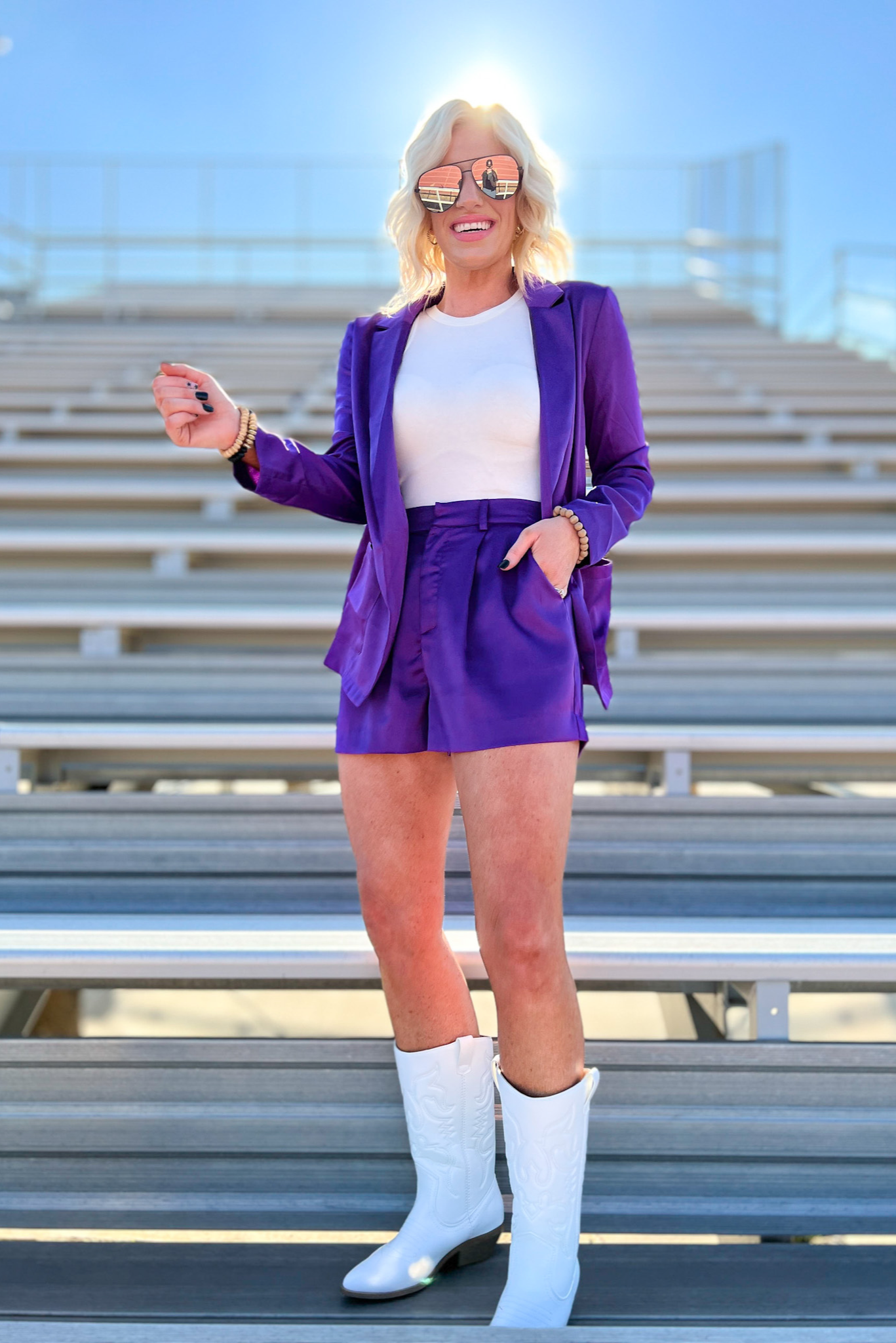 Purple Silky Elastic Waistband Shorts, purple shorts, gameday shorts, silky shorts, blazer set, Shop Style Your Senses By Mallory Fitzsimmons