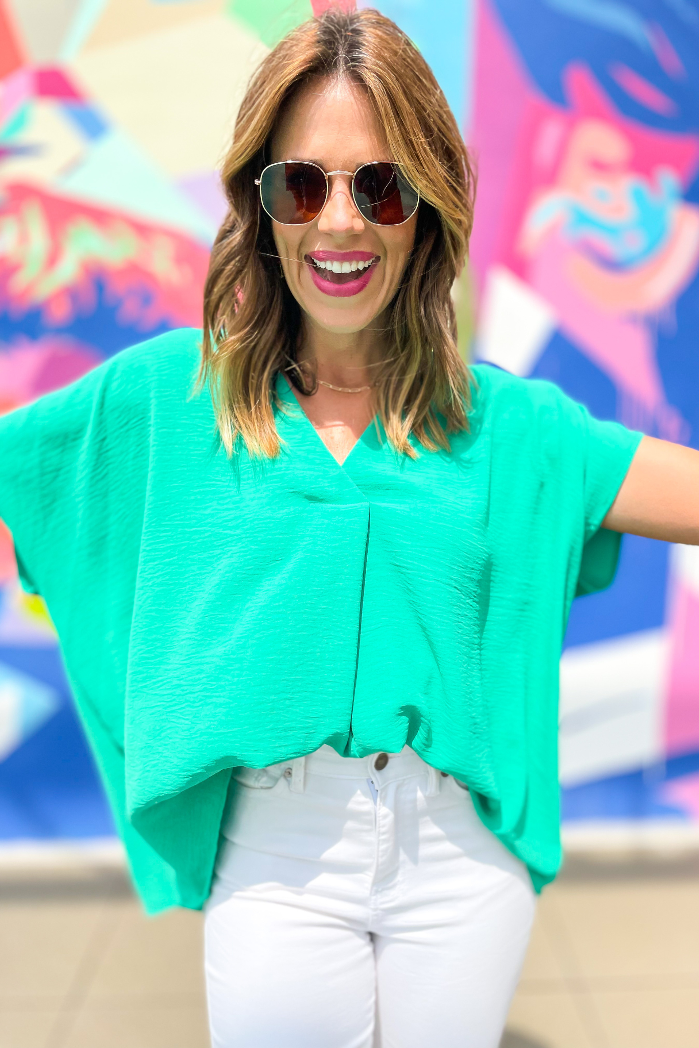 Load image into Gallery viewer, Green V Neck Cap Sleeve Flowy Top, v neck top, flowy top, cap sleeve, work to weekend, mom style, summer top, shop style your senses by mallory fitzsimmons
