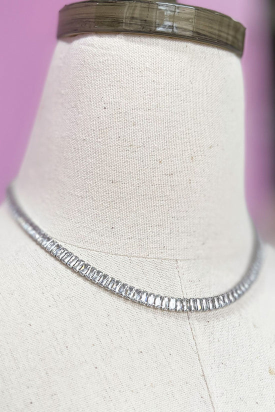 Load image into Gallery viewer, Silver Square Rhinestone Tennis Necklace, elevated look, everyday wear, layered look, chic, mom style, must have, shop style your senses by mallory fitzsimmons

