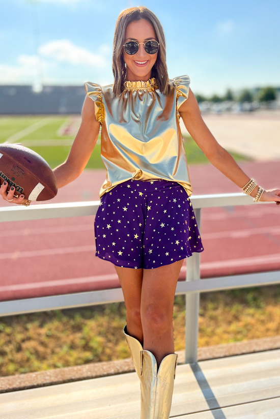 Purple Gold Star Flowy Shorts, star shorts, gold and purple, stars, gameday, flowy shorts, Shop Style Your Senses By Mallory Fitzsimmons