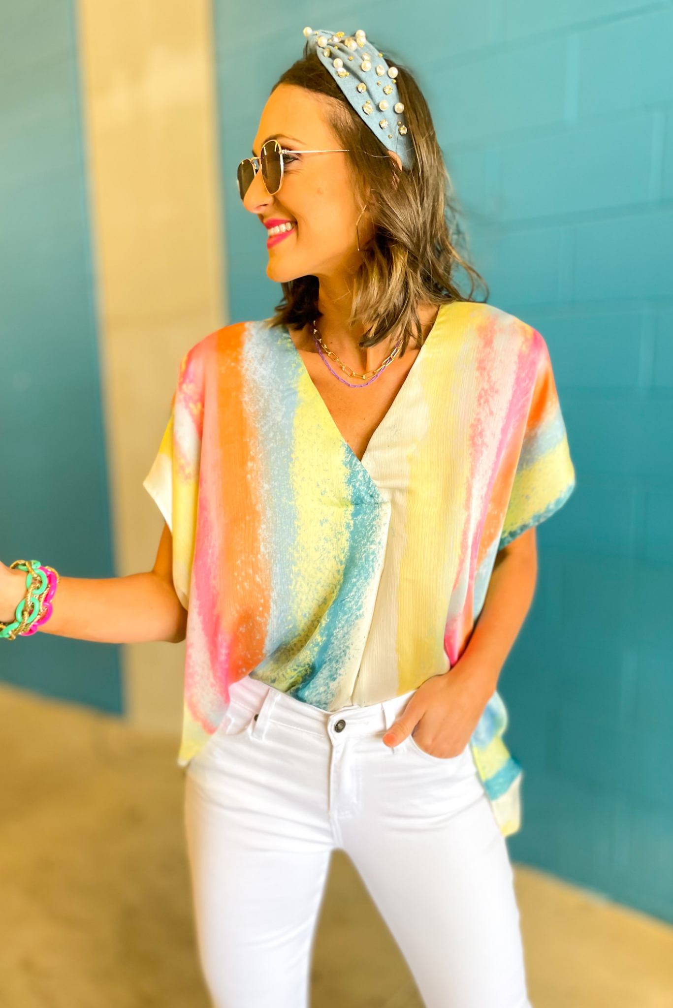 Load image into Gallery viewer, Multi Watercolor Striped V Neck Boxy Top, watercolor top, summer top, spring colors, mom style, shop style your senses by mallory fitzsimmons
