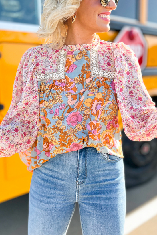 Dusty Sage Floral Contrast Long Bubble Sleeve Top, floral top, long sleeve top, bubble sleeve top, mom style, carpool chic, Shop Style Your Senses By Mallory Fitzsimmons