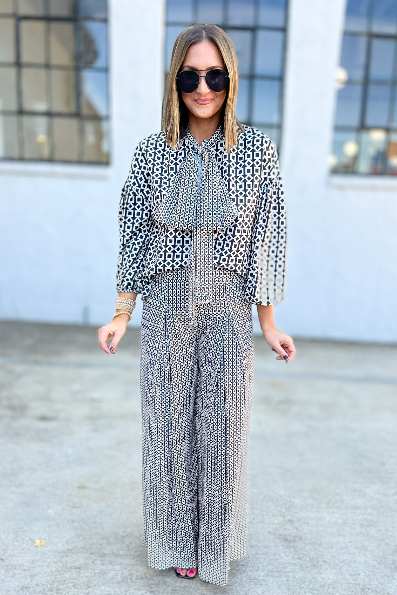 Black White Geometric Contrast Neck Tie Long Sleeve Top, black and white, geometric print, bow top, neck tie, long sleeve top, elevated outfit, Shop Style Your Senses By Mallory Fitzsimmons