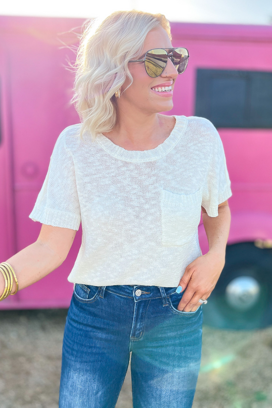 Load image into Gallery viewer, White Round Neck Knit Short Sleeve Top, knit top, pocket tee, round neck, short sleeve, white top, Shop Style Your Senses By Mallory Fitzsimmons
