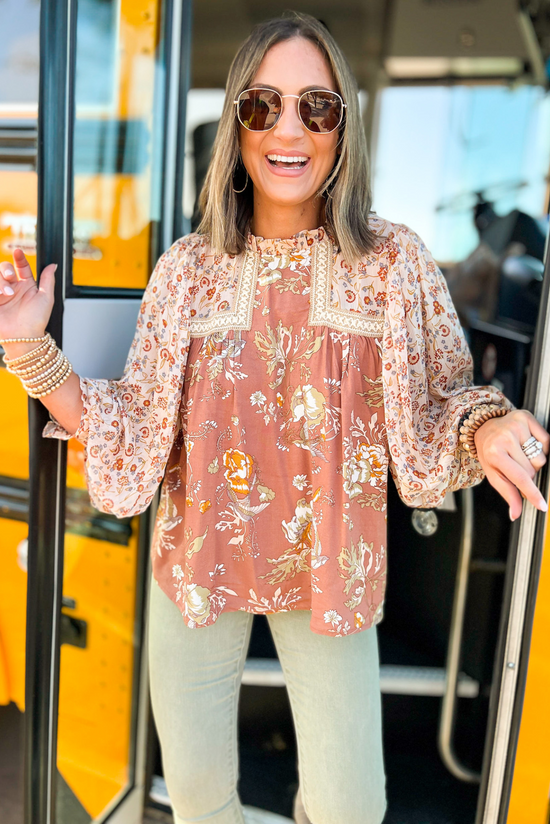 Mauve Floral Contrast Long Bubble Sleeve Top, floral top, long sleeve top, bubble sleeve top, carpool chic, mom style, Shop Style Your Senses By Mallory Fitzsimmons