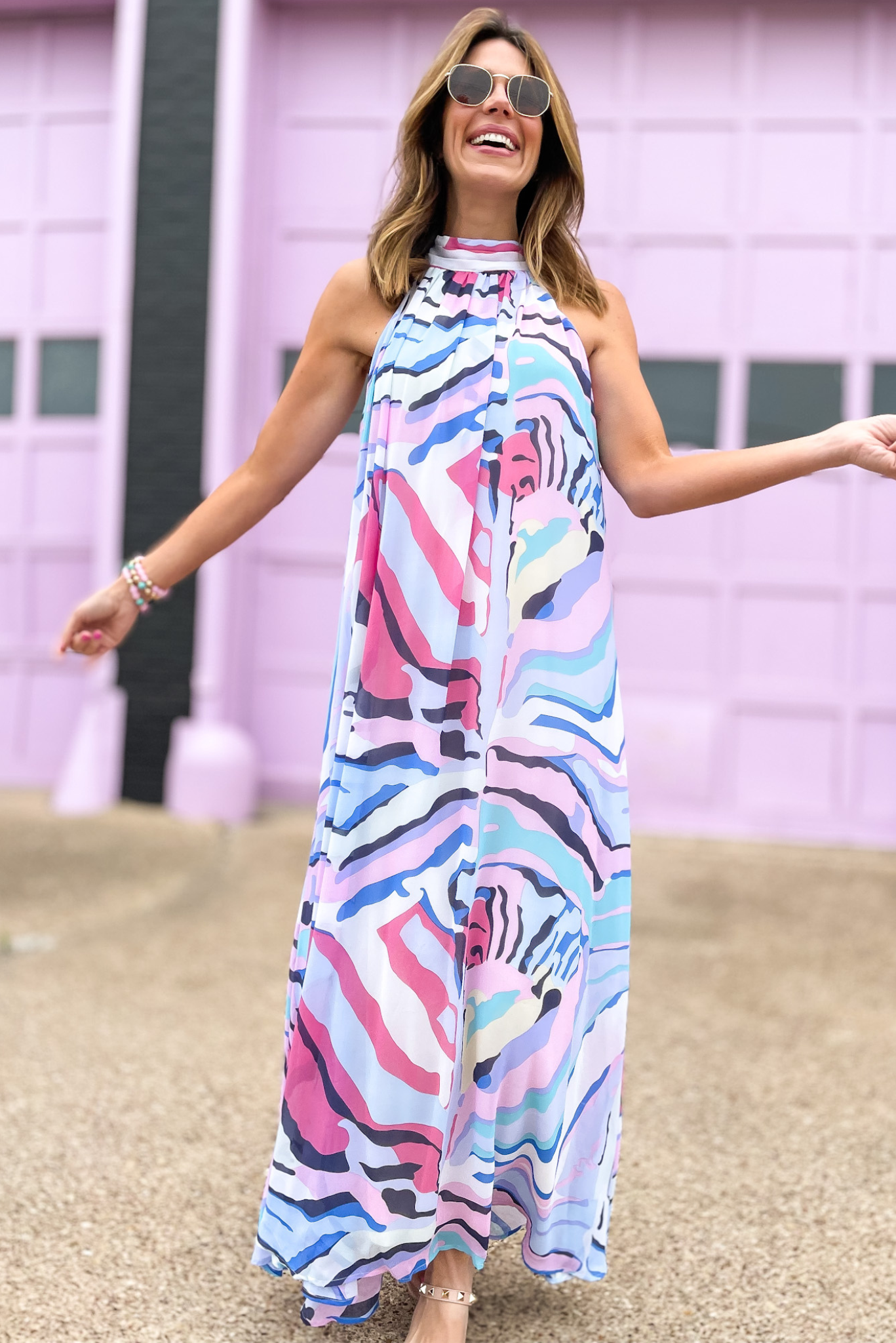 Load image into Gallery viewer, Blue Pink Printed Halter Back Tie Maxi Dress, maxi dress, printed, halter top, summer dress, spring colors, work to weekend, date night, shop style your senses by mallory fitzsimmons
