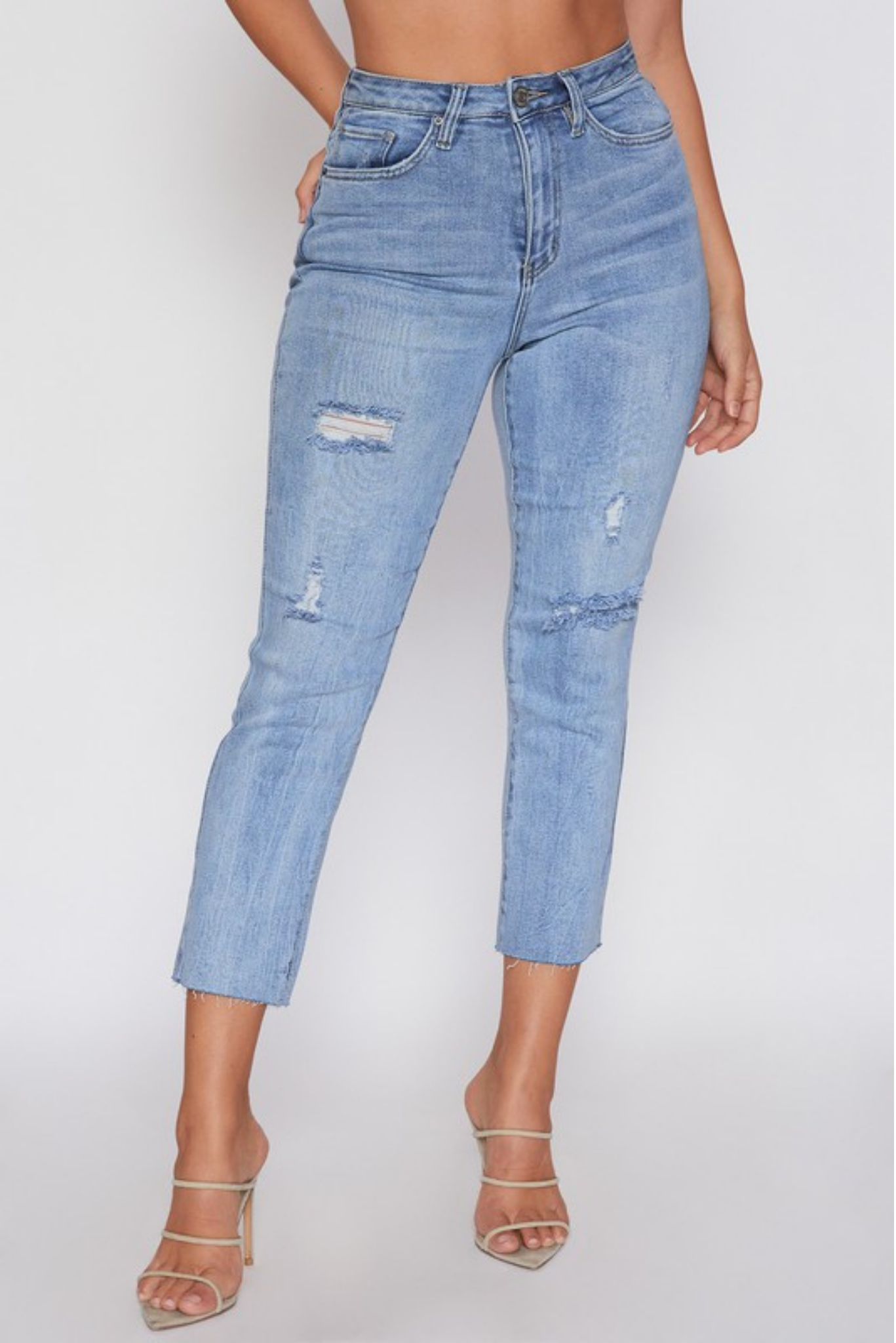 High Waisted Distressed Raw Hem Ankle Jeans*FINAL SALE*
