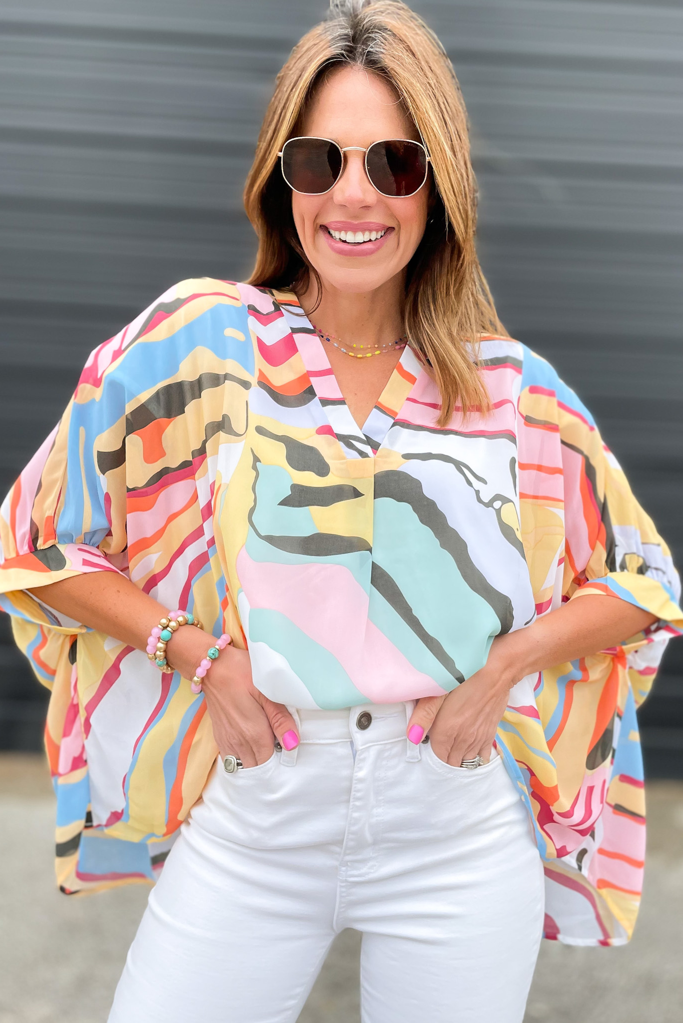 Load image into Gallery viewer, Sage Yellow Abstract Print V Neck Kaftan Top, abstract printed top, work to weekend, blouse, v neck, kaftan top, date night, summer top, shop style your senses by mallory fitzsimmons

