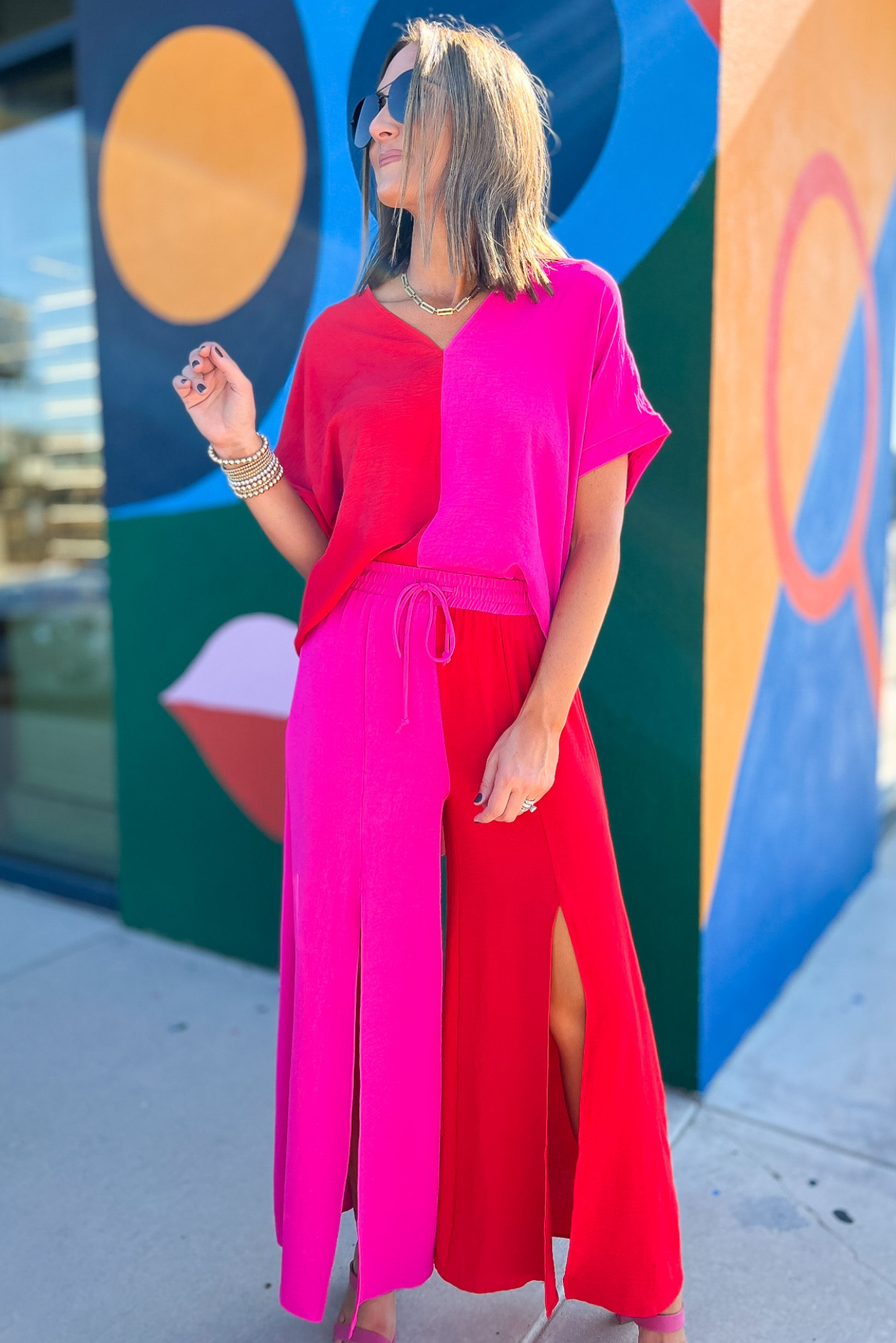 Hot Pink Red Colorblock V Neck Boxy Top, hot pink and red, v neck, boxy top, matching sets, date night outfit, party outfit, Shop Style Your Senses By Mallory Fitzsimmons