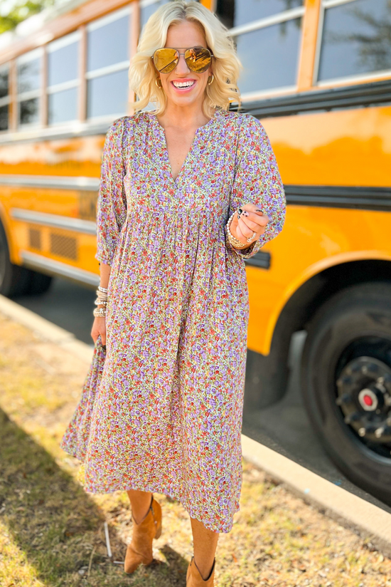 Lavender Floral Collarless V Neck Midi Dress, floral midi dress, v neck, long sleeve dress, maxi dress, fall style, Shop Style Your Senses By Mallory Fitzsimmons