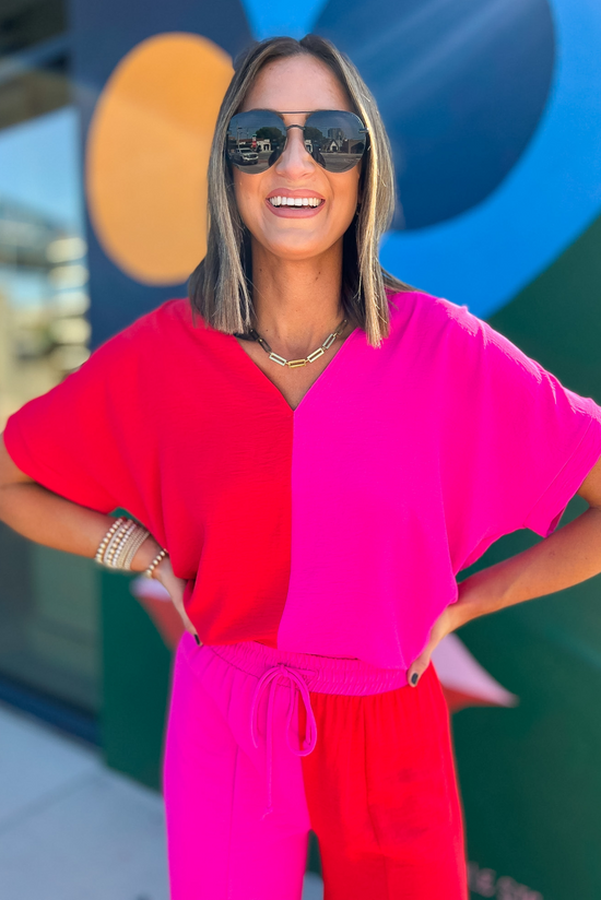 Hot Pink Red Colorblock V Neck Boxy Top, hot pink and red, v neck, boxy top, matching sets, date night outfit, party outfit, Shop Style Your Senses By Mallory Fitzsimmons