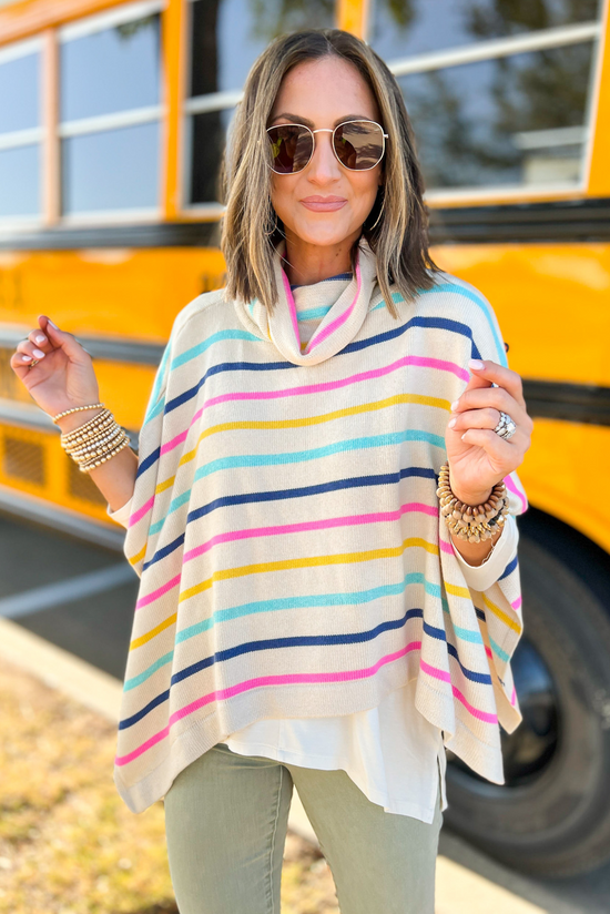 Load image into Gallery viewer, Multi Striped Turtleneck Poncho Top, poncho top, striped top, turtleneck poncho, mom style, fall style, Shop Style Your Senses By Mallory Fitzsimmons
