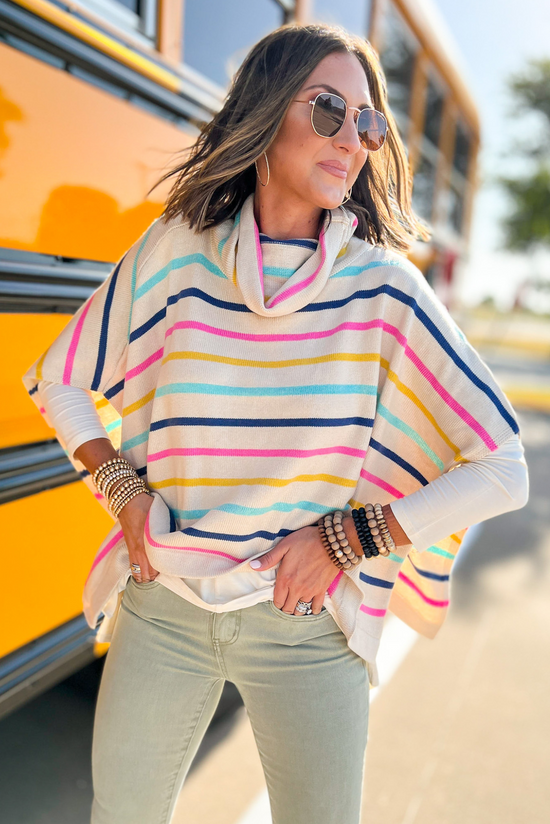 Load image into Gallery viewer, Multi Striped Turtleneck Poncho Top, poncho top, striped top, turtleneck poncho, mom style, fall style, Shop Style Your Senses By Mallory Fitzsimmons
