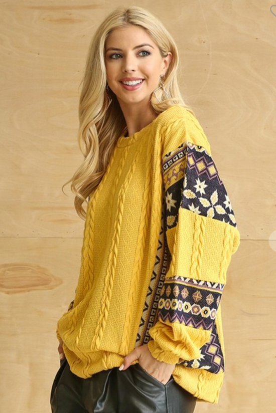 Load image into Gallery viewer, Yellow Rib Knit Aztec Print Contrast Sweater*FINAL SALE*
