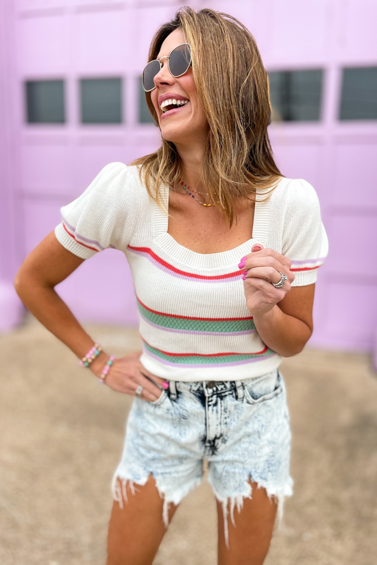 Load image into Gallery viewer, Cream Striped Short Sleeve Knit Top, date night, summer top, striped, work to weekend, chic, denim cut offs, shop style your senses by mallory fitzsimmons
