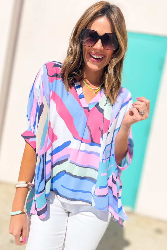 Blue Pink Abstract Print V Neck Kaftan Top, kaftan top, abstract, flowy top, blue abstract print, mom style, shop style your senses by mallory fitzsimmons