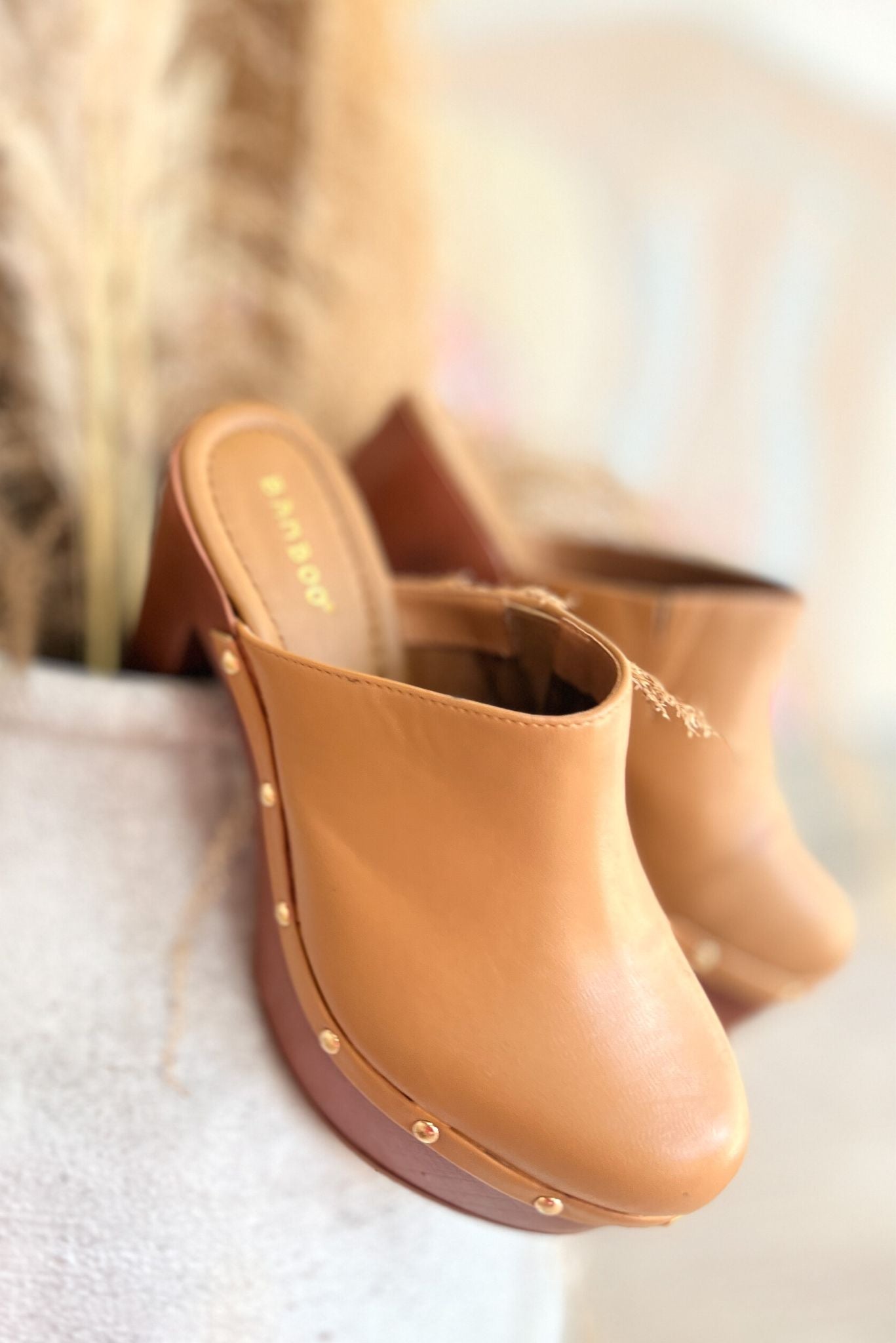 Load image into Gallery viewer, Tan Platform Gold Studded Mules *FINAL SALE*
