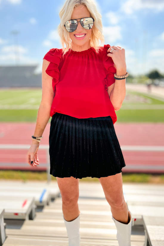 Load image into Gallery viewer, Black Pleated Sequin Skort, black skirt, skort, sequin skort, pleated skort, gameday, date night, Shop Style Your Senses By Mallory Fitzsimmons
