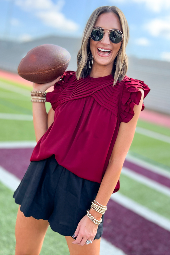 Burgundy Cross Pleat Ruffle Sleeve Top, pleated top, ruffle sleeves, ruffles, pleats, burgundy top, gameday, solid top, Shop Style Your Senses By Mallory Fitzsimmons