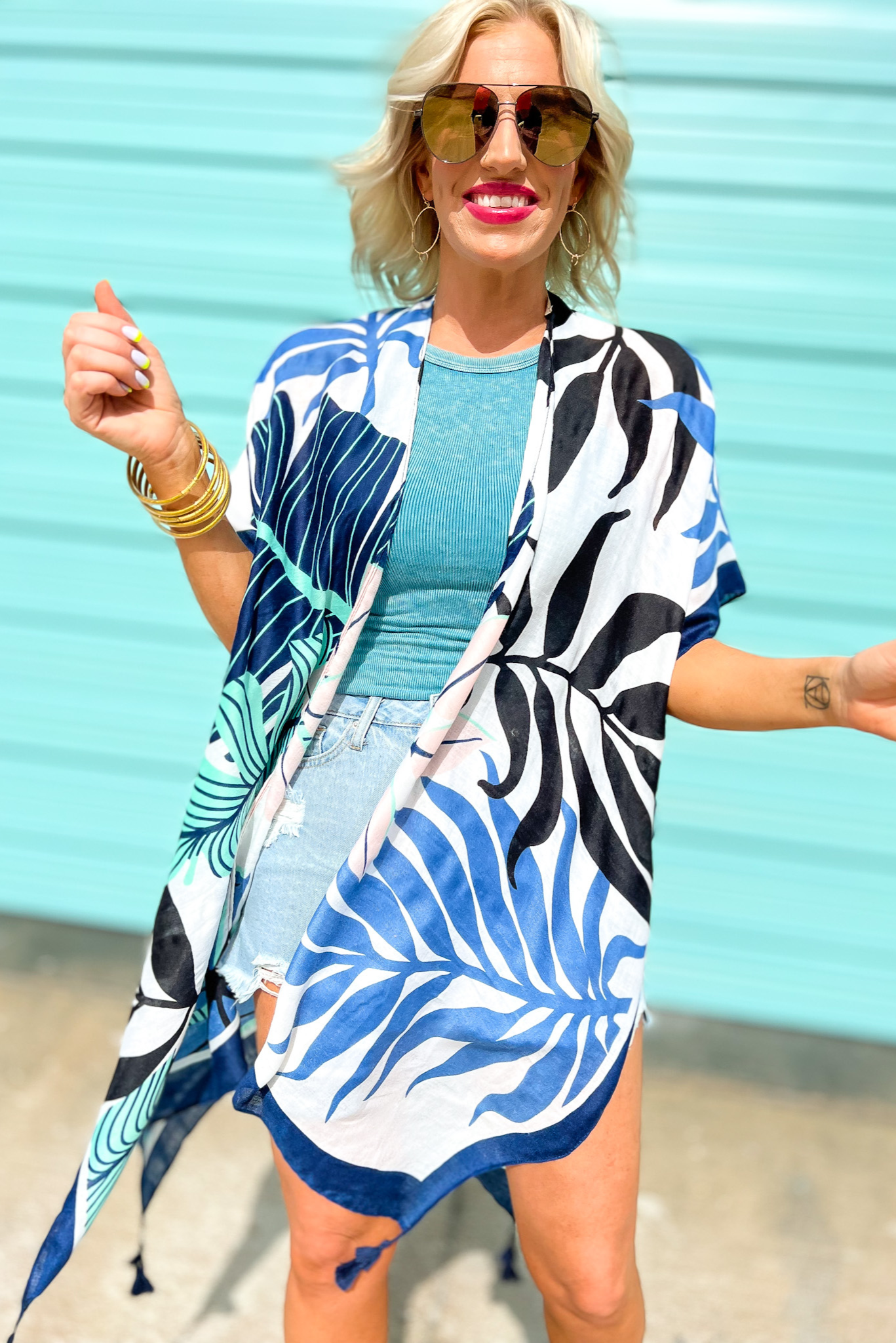 Load image into Gallery viewer, Navy Black Palm Print Kimono, kimono, navy print, floral, summer, seaside outfit, shop style your senses fitzsimmons
