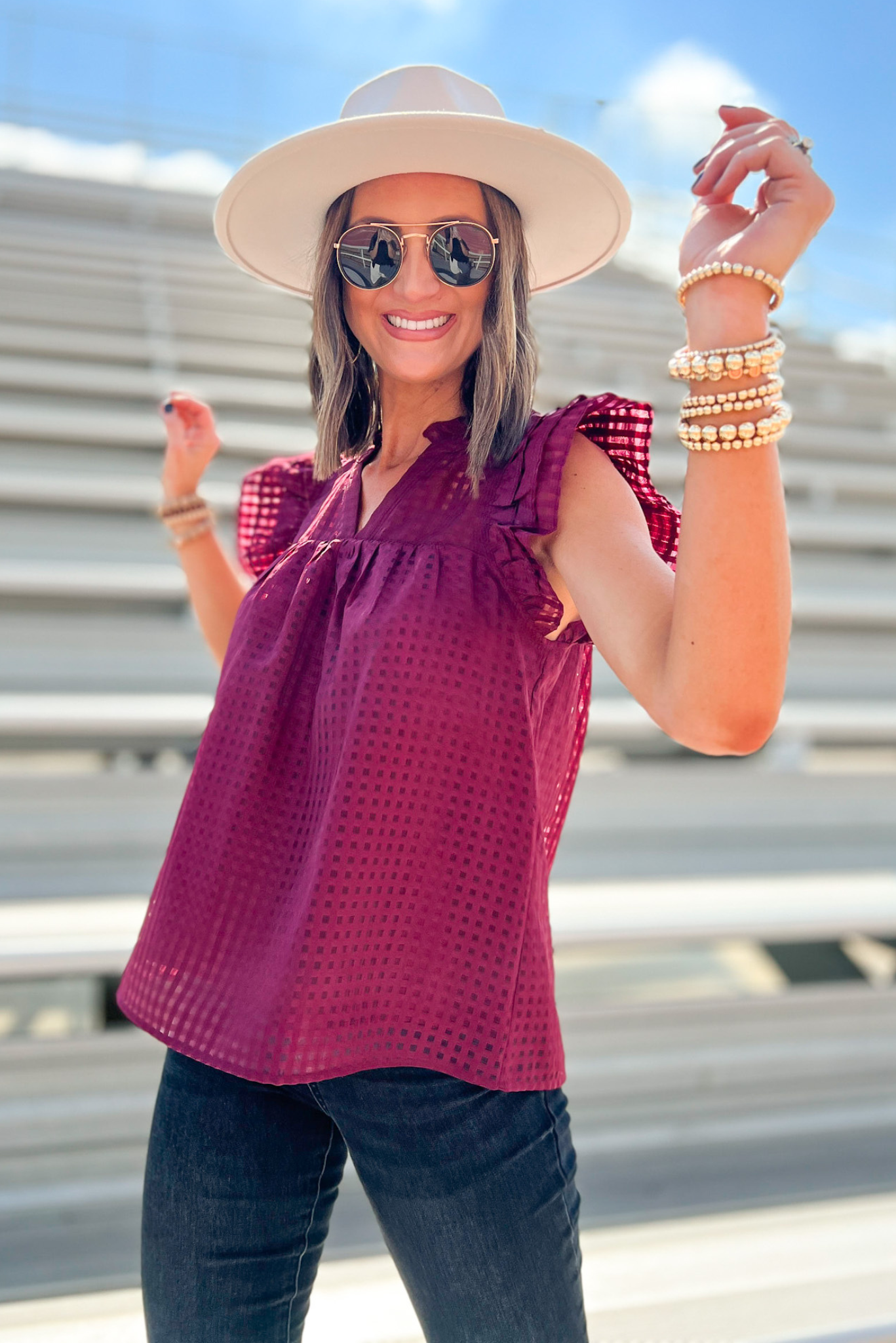 Load image into Gallery viewer, Burgundy Grid Print V Neck Ruffle Sleeve Top, burgundy top, textured top, everyday top, v neck, ruffles, ruffle sleeves, gameday,Shop Style Your Senses By Mallory Fitzsimmons
