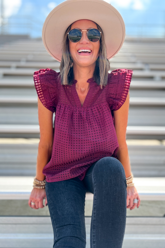 Burgundy Grid Print V Neck Ruffle Sleeve Top, burgundy top, textured top, everyday top, v neck, ruffles, ruffle sleeves, gameday,Shop Style Your Senses By Mallory Fitzsimmons