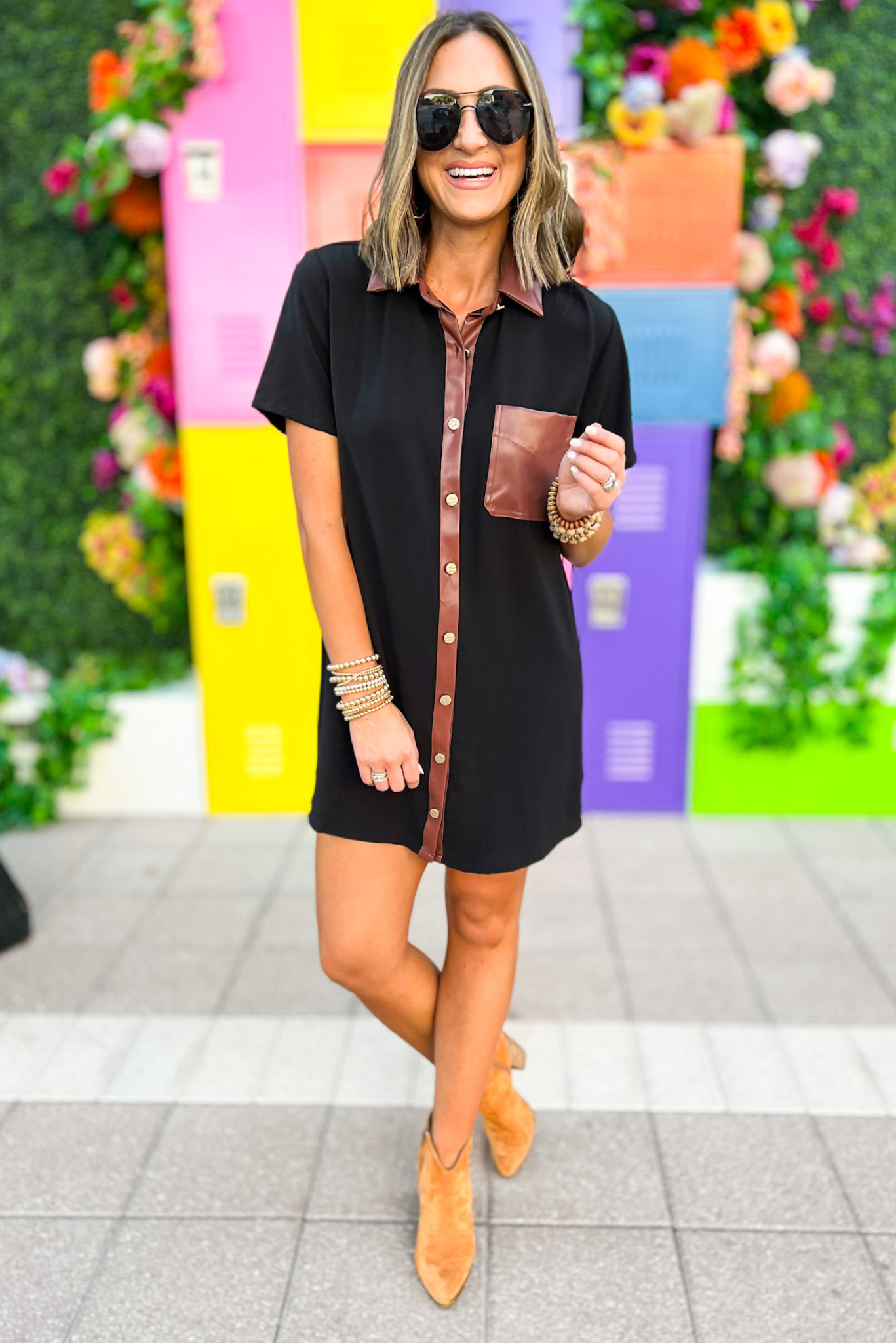 Load image into Gallery viewer, Black Brown Faux Leather Detail Collared Button Up Dress, black dress, faux leather dress, vegan leather, cute dress, button down dress, collar, Shop Style Your Senses By Mallory Fitzsimmons
