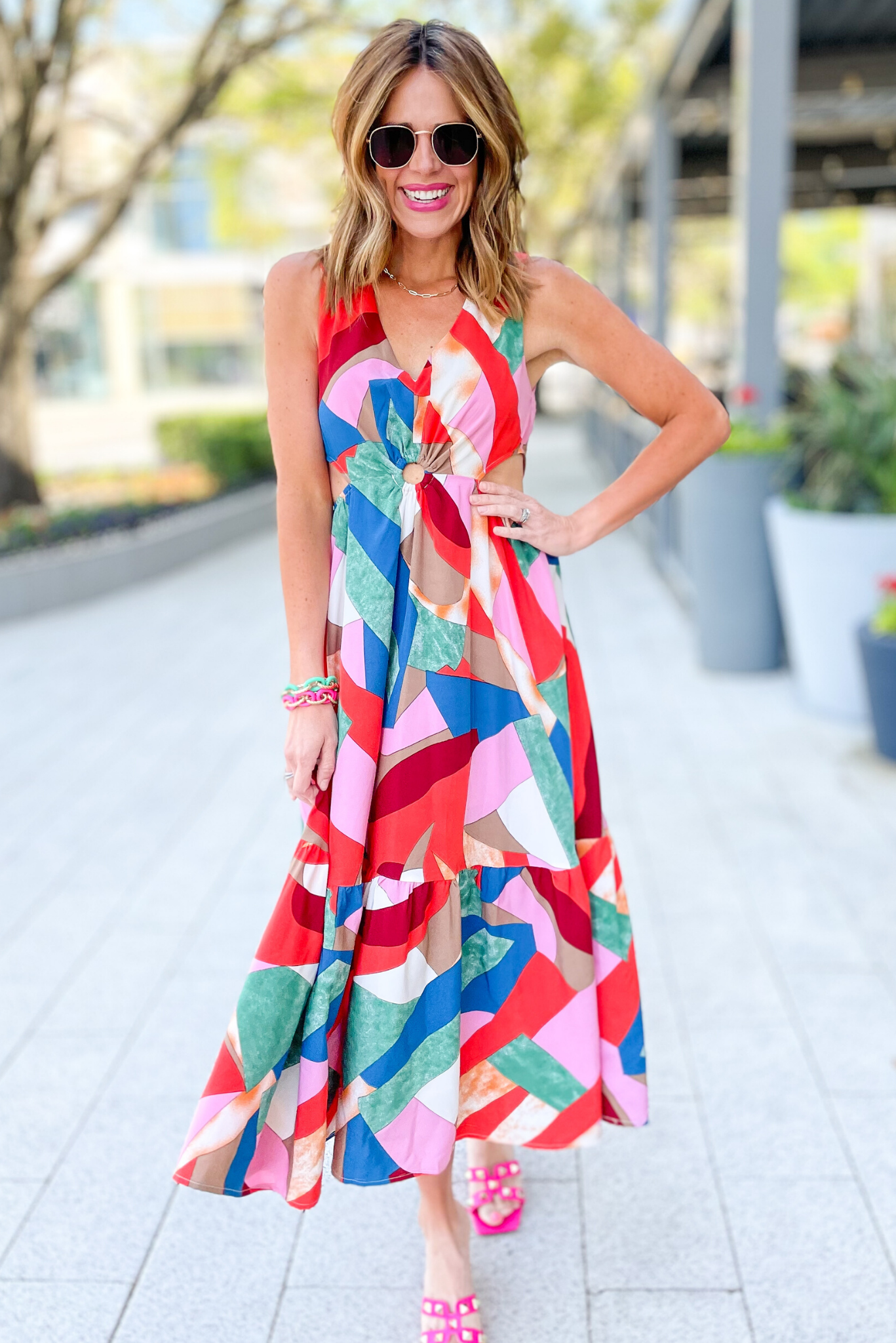 Load image into Gallery viewer, Pink Red Printed V Neck Cut Out O Ring Midi Dress, cut out dress, red printed, v neck, date night, summer dress, work to weekend, chic dress, o ring midi dress, mom style, shop style your senses by mallory fitzsimmons
