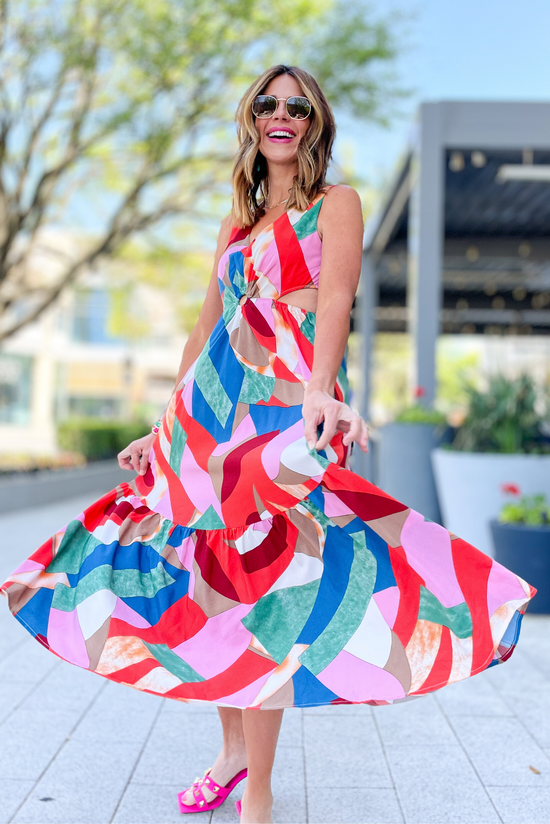 Load image into Gallery viewer, Pink Red Printed V Neck Cut Out O Ring Midi Dress, cut out dress, red printed, v neck, date night, summer dress, work to weekend, chic dress, o ring midi dress, mom style, shop style your senses by mallory fitzsimmons
