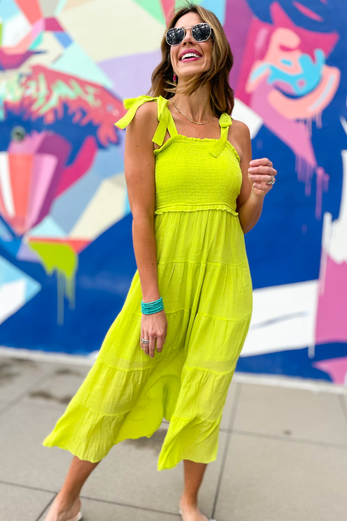 Lime Smocked Shoulder Tie Tiered Midi Dress, neon dress, smocked top, summer dress, vacation dress, spring outfit, mom style, bright dress, tie tiered dress, midi dress