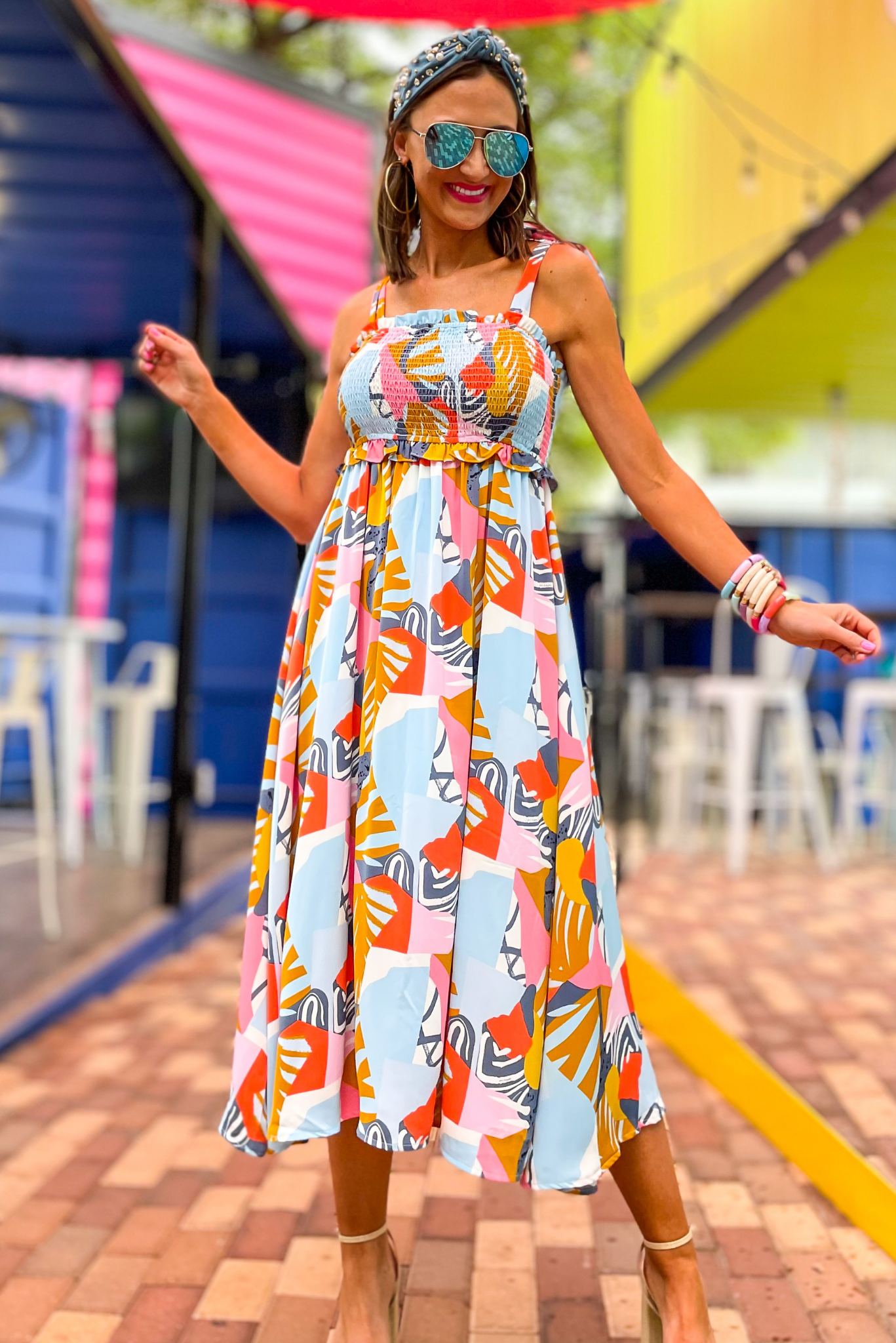Yellow Abstract Print Smocked Shoulder Tie Maxi Dress, abstract maxi dress, colorful dress, spring outfit, summer dress, smocked dress, mom style, summer, shop style your senses by mallory fitzsimmons