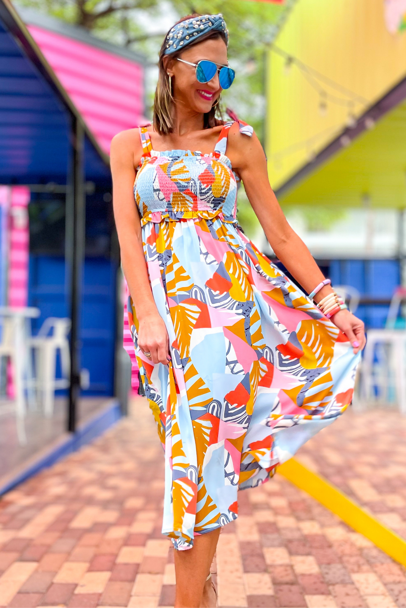 Load image into Gallery viewer, Yellow Abstract Print Smocked Shoulder Tie Maxi Dress, abstract maxi dress, colorful dress, spring outfit, summer dress, smocked dress, mom style, summer, shop style your senses by mallory fitzsimmons
