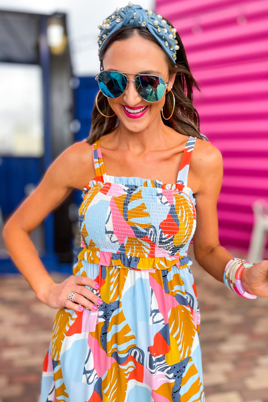 Load image into Gallery viewer, Yellow Abstract Print Smocked Shoulder Tie Maxi Dress, abstract maxi dress, colorful dress, spring outfit, summer dress, smocked dress, mom style, summer, shop style your senses by mallory fitzsimmons
