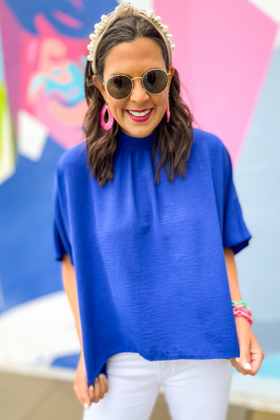 Royal Blue Mock Neck Caftan Top, royal blue mock neck, date night, chic, mock neck,  cape top, caftan top, spring top, summer outfit, shop style your senses by mallory fitzsimmons 