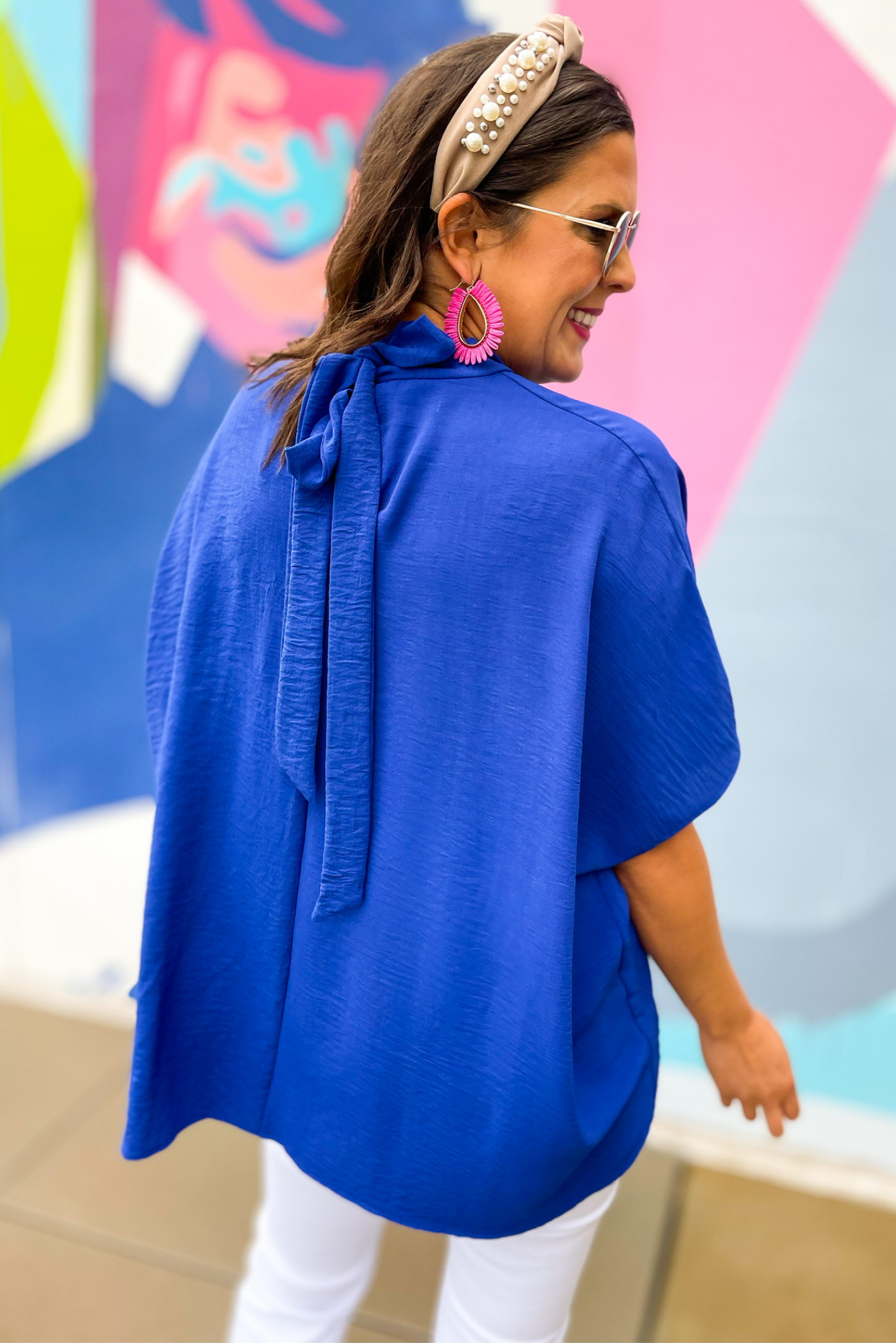 Royal Blue Mock Neck Caftan Top, royal blue mock neck, date night, chic, mock neck,  cape top, caftan top, spring top, summer outfit, shop style your senses by mallory fitzsimmons 