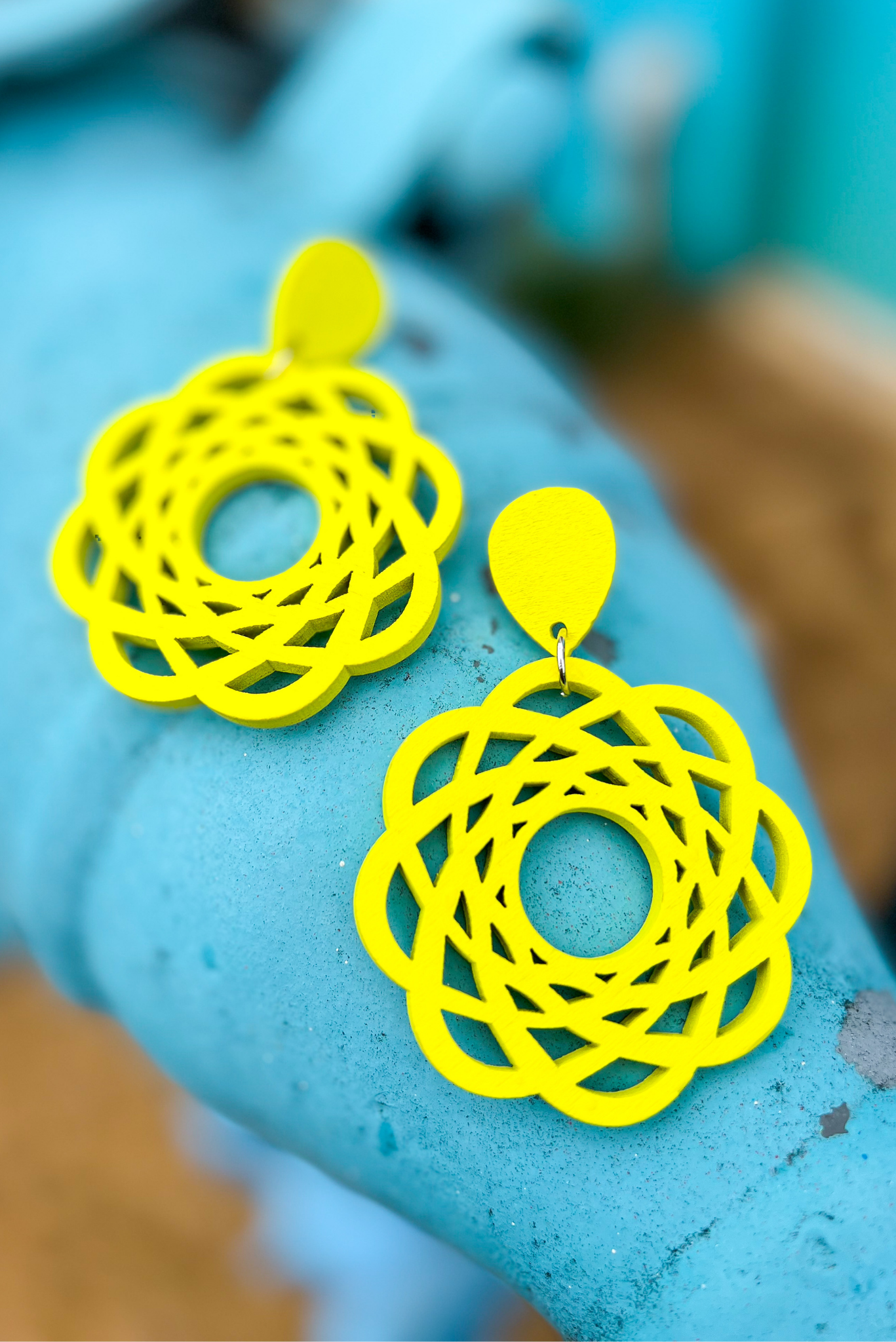 Yellow Wooden Geometric Flower Dangle Earrings